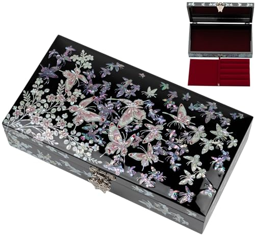 February Mountain Mother of Pearl Butterlfy Large Wooden Jewellery Box with Ring Tray - Handmade Abalone Shell Perfect for Ring,Bracelets, Trinkets, Watches, Earrings, Accessories