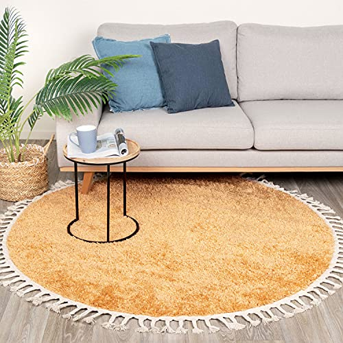 FRAAI Teppich Hochflor Rund - Lofty Fringe Gelb Ø 100cm - Einfarbig - Modern, Skandinavisch - Wohnzimmer, Esszimmer, Schlafzimmer - Fellteppich - Rug