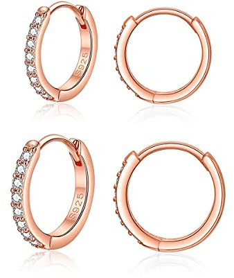 Deyanse Petites Créoles Boucles d'oreilles Femme Fille en Argent Fin 925 avec Zircone Cubique Ensemble de Creole/Anneau Plaqué Or Rose Unisexe Hypoallergénique Cartilage Huggies Set, Diamètre 12, 14mm