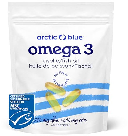 Arctic Blue Omega-3 Olio di Pesce 60 Capsule — 1200 mg Olio di Colin Alaska per capsula (400 mg di EPA + 250 mg di DHA) — Certificato MSC, Forma trigliceride, Massima freschezza, Senza Gusto di Pesce