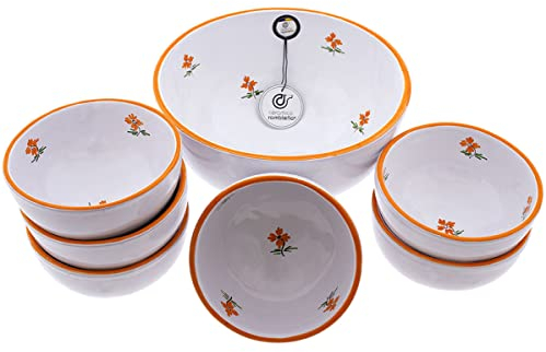 CERÁMICA RAMBLEÑA | Cuenco gazpacho | Gazpacho Andaluz | Gazpacho Manchego | Cuencos cocina | Conjunto Bol Ensaladera rústico - Modelo 16 | 100% Decorado a mano | 25x25x12cm + x6 cuencos 14x14x7cm