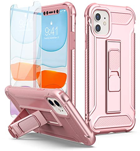 ORETECH [5 in 1 für iPhone 11 Hülle,mit [Ständer Halter][2X Displayschutzfolie],Handyhülle iPhone 11,360 Grad [Militärischer Schutz] Stoßfest Schutzhülle Silikon Bumper Hülle für iPhone 11, Roségold