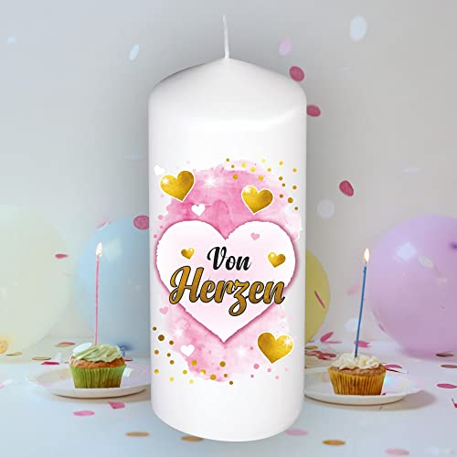 Stumpenkerze Kerze - Von Herzen - Für Dich | bunte moderne Motive Farben auf Tattoofolie für Kerzen | mit Geschenkfolie und goldener Schleife | Geburtstagkerze in Geschenkverpackung