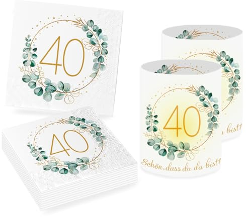 Sprinlot 20 Stück Servietten 40. Geburtstag+12 Stück Windlicht Tischdeko 40 Geburtstag Frauen, Deko 40. Geburtstag Frau Mann, Servietten Eukalyptus Geburtstag Windlichter, Wohnungseinrichtung