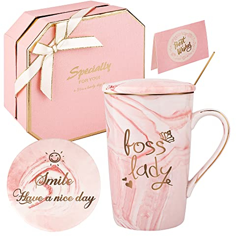 Boss Lady Geschenke für Frauen Boss Lady Geschenke Tasse Boss weiblich Geburtstag Mütter Tag Geschenke Kaffeebecher 420ML Marmor-Keramik-Geschenk-Set (Rosa-Boss Dame)