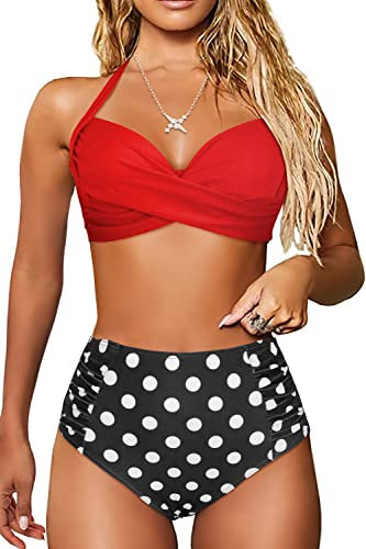 JFAN Costume da Bagno Donna Vita Alta Costumi Piscina Due Pezzi Imbottito Push Up Beachwear Reggiseno Bikini Donna Mare,Rosso + Pois L