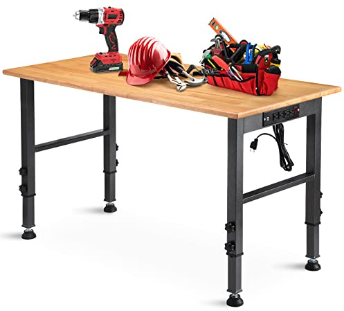 OLBRUS 48 Adjustable Workbench with Power Outlet, Heavy Duty 2000 LBS Load Capacity Hardwood Workbench Suitable for Workshop, Office, Garage, Home