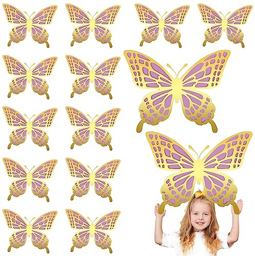 SAVITA 14stk 3D Schmetterlinge Deko, 2 Größen doppelschichtige Schmetterlings-Wandaufkleber mit Punktkleber Wanddekorationen für Schlafzimmer Wohnzimmer Party (Gold, Lila)