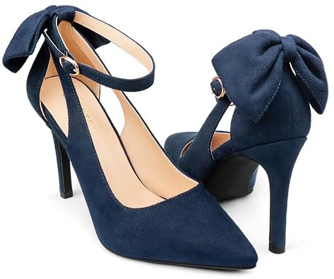 COLETER Womens Bow Knot High Heels Pointed Toe Stiletto Ankle Strap D'Orsay Pumps Bow Evening Dress Shoes, Navy Blue, 6 UK