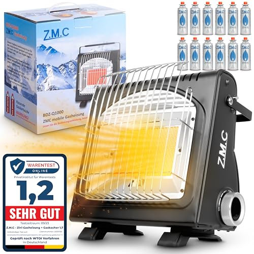 Z.M.C Calefacción de gas portátil 2 en 1 y hornillo de gas + 12 cartuchos de gas de 227 g, calefacción de cerámica para camping de 1,7 kW, calentador de gas para exterior e interior, calefactor móvil