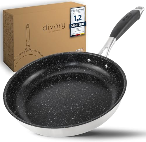 DIVORY Edelstahl Pfanne 24 cm ULTIME Induktion I Antihaft beschichtete große Bratpfanne für alle Herdarten I Induktionspfanne, Ergonomischer Griff, Spülmaschinen geeignet (24cm, Schwarz)
