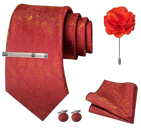 JEMYGINS Herren gestreifte bestickte Hochzeits Krawatte mit passendem Einstecktuch und Krawattenklammer Set,Weinrotes Farbverlauf-Paisley Muster