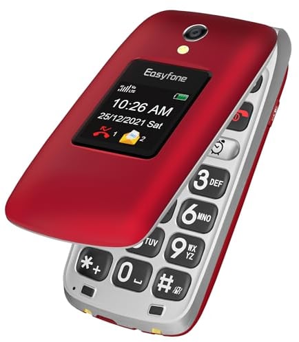 Easyfone Prime-A1 Pro 4G Seniorenhandy Klapphandy ohne Vertrag, Großtasten Mobiltelefon SOS Notruffunktion, FM Radio, 2.4 Zoll HD-Dual Display Handy für Senioren, 1500mAh Akku und Ladestation (Rot)