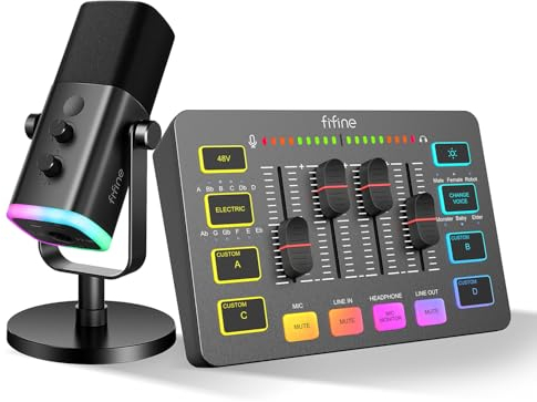 FIFINE XLR Streaming Microfono Dinamico per Podcasting, Mixer Audio PC con Interfaccia XLR (AM8 + SC3)