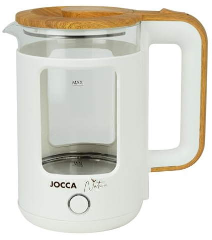 Jocca - Hervidor de Agua Eléctrico 1,8L Línea Nature con Base Giratoria 360° y Cristal Borosilicato, Desconexión Automática, 1500W, Blanco