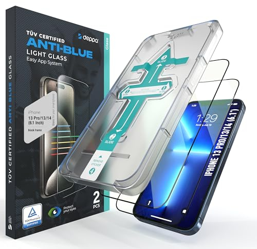 Deppa |2 Stück| für iPhone 16e/14/13 Pro/13 (6.1') Augenschutz Zertifizierter Blaulichtfilter mit Schablone | Stoßfest | Vollständige Abdeckung | Blasenfreie