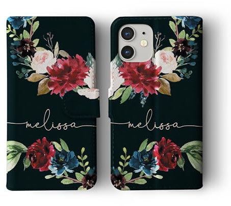 Tirita Personalised Wallet Phone Case for iPhone 14 Plus With Card Holder – Leather Flip Case or Cover With Custom Name – Cute Personalised Gift for Women [07. Black Floral English Roses]