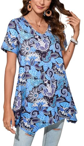 Enmain Camiseta Mujer Manga Corta Top Túnica Larga Cuello de Pico Blusa Elegante y Cómoda Talla Grande Tops Estampadas T Shirt para Mujeres,Azul,3XL
