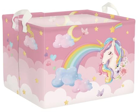 Clastyle 36L Grande Cestino Portaoggetti Unicorno Rosa Arcobaleno Ceste per la Biancheria Pieghevole Rettangolare Stella a Farfalla Libri Abbigliamento Giocattolo per Camera dei Bambini Bagno
