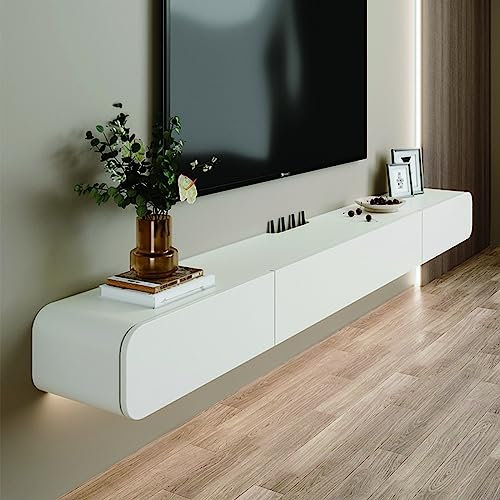 Solid Wood Floating TV Unit with 2 drawer 180cm Modern Wall-Mounted TV Cabinet White hanging TV stand Media Console Shelf with Storage for Living Room, Bedroom – Fully Assembled(Color:A,Size:180cm)