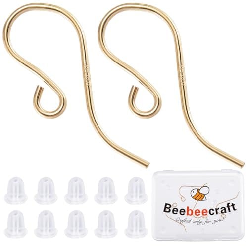 Beebeecraft 1 Box 6Pcs Filled Earring Hooks 14K Gold Plated Brass Fish Hook Shepherd's Hook Ear Wire with 10Pcs Plastic Ear Nuts for DIY Jewelry Making (20x8mm)