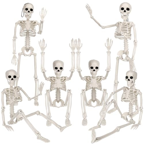 6 Stück Halloween Deko Skelett, 40cm Ganzkörper Mini Hängende Skelett mit beweglichen Gelenken für Halloween Hause Party Garten Outdoor Dekoration