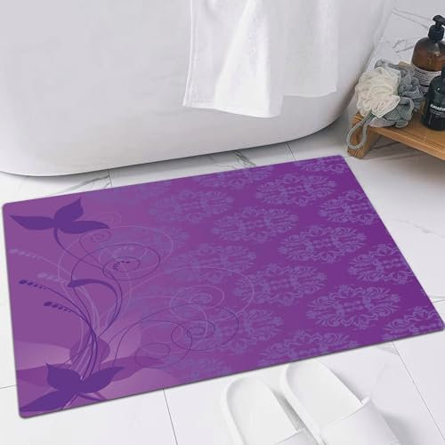 EMFSLA rutschfest Badezimmer Badeteppiche,Weich Hochflor Saugfähig Badvorleger Waschbar Flauschige Mikrofaser Badematte,Lila Pflanzenkomposition auf dem Hintergrund eines violetten Ornaments,40x60 cm