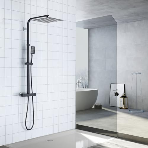 Auralum Columna Ducha Termostatica Altura Adjustable 96-130cm, Columna Ducha con 30x30CM Rociador Ducha, Duchas de Baño Columna Acero Inoxidable con Grifo Ducha Termostatico (Negro)