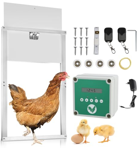 Herrselsam Automatische Hühnertür mit Schieber, Elektrische Hühnerklappe mit inkl. Alu-Hühnertür, Lichtsensor, Zeitsteuerung, Fernbedienungen, LED Display, Netzbetrieb oder Batterie, Schieber 30x30cm