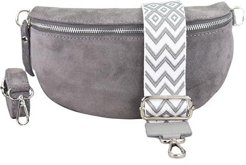 BLADE Bauchtasche Damen, Handgemachte Wildledertasche, Crossbody Bag, Gürteltasche Echtes Leder mit 2 abnehmbaren/verstellbaren Breiten Gürteln, Umhängetasche aus Italien, Geschenk für Sie -Grau