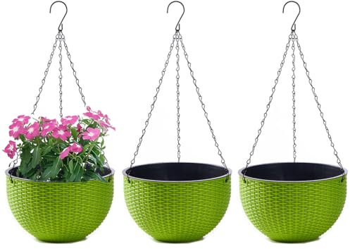 WOWEI 3 Pezzi Vasi da Parete, Vasi da Appendere in Plastica, Vasi da Fiori Sospesi Autoirriganti Vasi da Parete con Serbatoio dell'acqua e Foro di Scarico, Porta Vasi Sospesi con Catene (Verde, M)