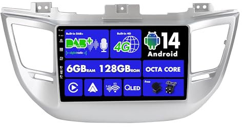 SXAUTO Android 15 - Built-in 4G LTE & DAB - 6G+128G - Autoradio für Hyundai Tucson (2014-2018) - Dual Band WiFi - CarPlay Android Auto - Kamera + MIC - Lenkradsteuerung - QLED 9 Zoll 2 Din Octa-Core