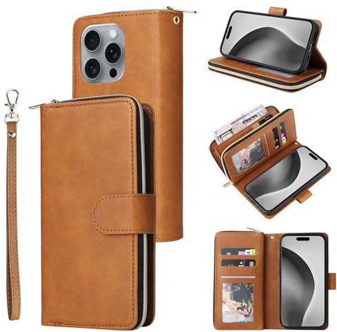 Unichthy For iPhone 16 Pro Max Case 9 Card Holder Zipper Bag with Strap Shockproof Leather Flip Wallet Handbag Zip Pocket Phone Cover Stand Folio Magnetic Purse for iPhone 16 Pro Max Brown