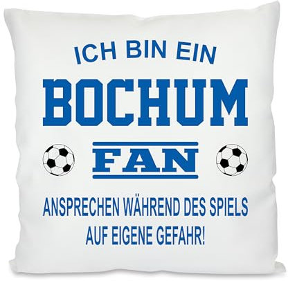 Herzbotschaft Fussball Kissen | Ich Bin EIN Bochum Fan - Ansprechen während des Spiels auf eigene Gefahr | Dekokissen für Fußballfans | Hülle und Füllung | 40cm x 40cm | versteckter Reisverschluss