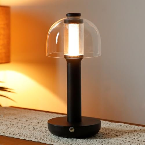 JHY DESIGN Nachttischlampe 30cm hoch 3-Farben Licht dimmbar mit Glasschirm Touch Control Tischlampe für Schlafzimmer Wohnzimmer drinnen draußen(Schwarz,Typ-C Aufladung)