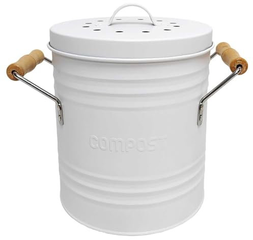 JE CHERCHE UNE IDEE, ME0025, Poubelle à Compost Metal Couvercle Et Poignees, design rétro et élégant, Capacité de 4 litres, Couvercle avec filtre, Poignées en bois pratiques