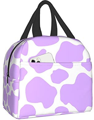 Hulnulnu Bolsa de almuerzo aislada con estampado de vaca morada, reutilizable, lonchera portátil, lonchera impermeable para picnic, oficina, trabajo
