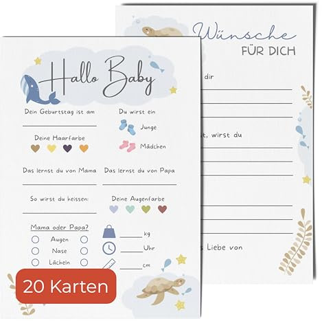 20 Ratespielkarten für Babypartys - Spiele für Gender-Reveal-Party und Babyshower, Tippkarten für Baby Mädchen und Jungen (Wasser, 20 Karten)
