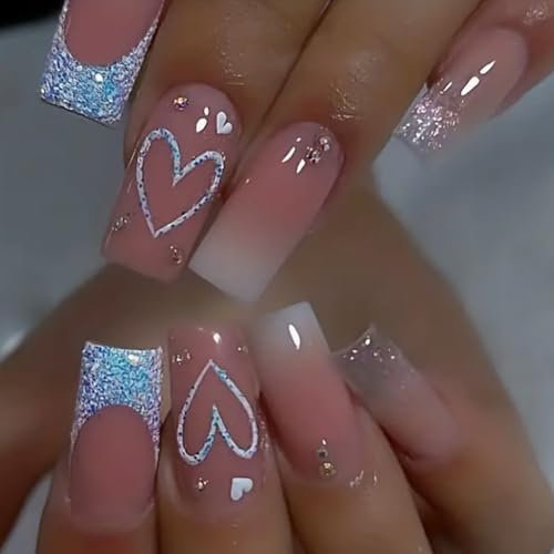 Glitter French Tip False Nails Medium Long Square, SXVME Valentine Press on Nails Pink with Heart Design Cute Fake Nails Coffin Natural Glue on Nails Acrylic Stick on Nails for Women Nail Art