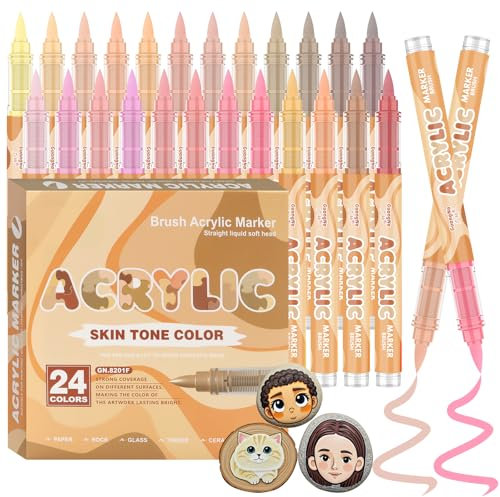 Funnasting Skin Tones Acrylic Paint Pens, 24 Colours Waterproof Acrylic Markers, Soft Brush Tip Acrylic Pens for Rock Painting, Colouring book, Glass, Cups, Wood, Metal, DIY Craft