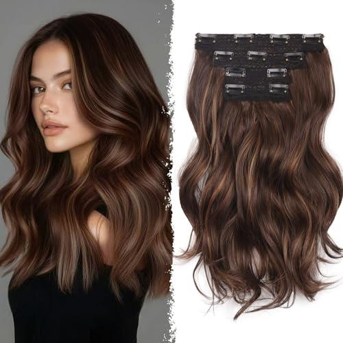14 Inch Brown Hair Extensions Clip In - Synthetic Wavy Curly Clip In Hair Extension For Women And Girls (Color:Chestnut Brown with Dark Blonde Highlights)
