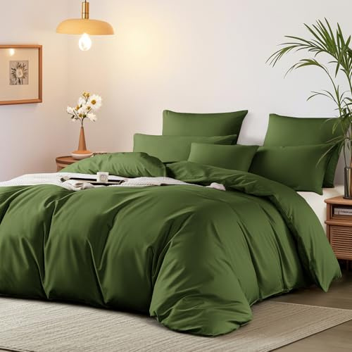 Boqingzhu Bettwäsche 220x240 cm Baumwolle Satin Öko-Tex Grün Olivgrün | 100% Langstapelige Baumwolle, Weich, Luxus Bettwäsche-Set mit Reißverschluss, 1x Bettbezug 220x240 + 2x Kissenbezug 80x80
