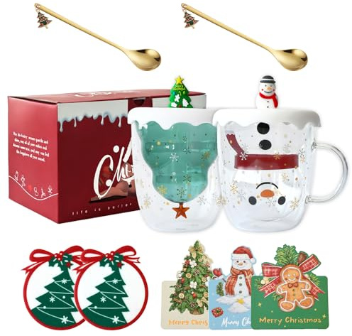 Esoes Set di 2 tazze di Natale per albero di Natale, tazze da caffè a doppia parete, isolanti, bicchieri per latte con coperchio, cucchiaio, sottobicchieri, 300 ml