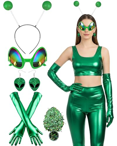 ETOFETE 5 Pcs Alien Kostüm Set, mit Grün Alien Haarreif, Ohrringe, Grüne Handschuhe, Brille und Glitter, Erwachsene Space Kostüm Damen Zubehör für Karneval Fasching