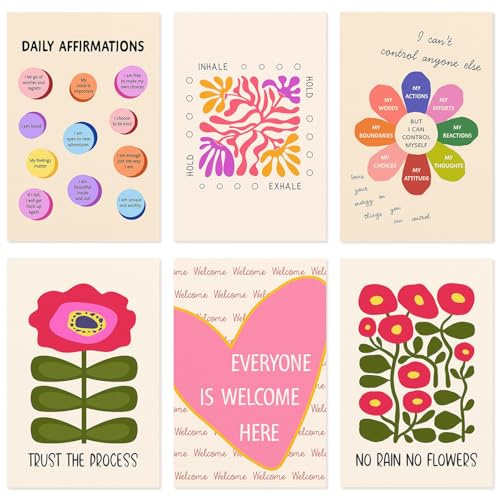 Fychuo 6 Stück Motivation Poster, Positive Affirmationen Wandbilder, Kunstdruck auf Leinwand für Schlafzimmer, Wohnzimmer, Klassenzimmer, Kinderzimmer Deko, A5 (20x30cm), Ohne Rahmen