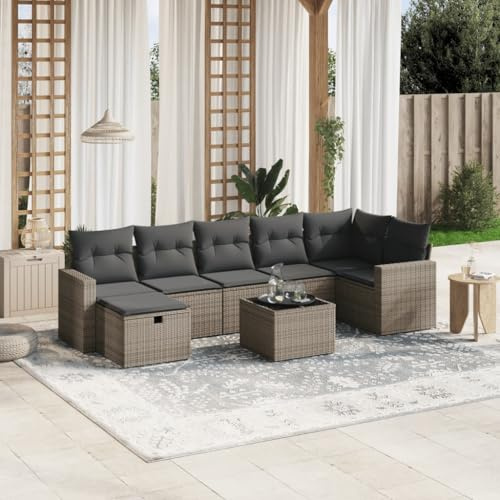 QJBSAVVA Ensemble de meubles de jardin 8 pièces en polyrotin gris avec table basse en verre trempé - Meubles d'angle et modules centraux - 62 x 62 cm - Pour jardin, terrasse et petit balcon