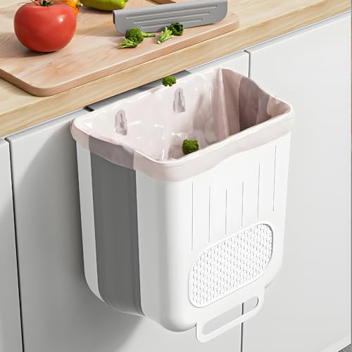 KEAIDUO 10L Hanging Trash Can for Kitchen - Collapsible Wall Mounted Garbage Bin with Hook, Over Cabinet Door Compost Bin