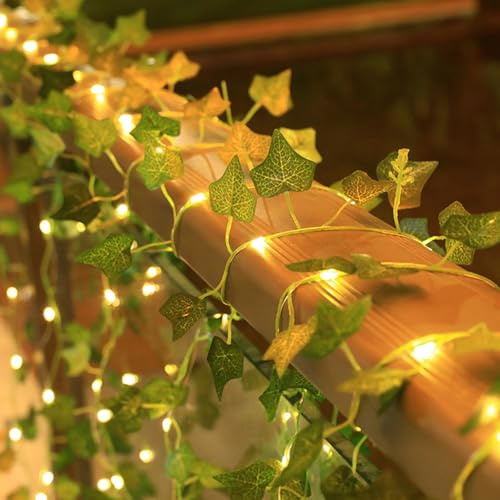 ALEGRE Efeu Lichterkette Frühling Deko, 2M 20LED Lichterkette Efeu Künstlich, Efeuranke Lichterketten Innen Außen, Efeugirlande String Lights für Hochzeit, Garten, Balkon, Schlafzimmer, Wanddekoration