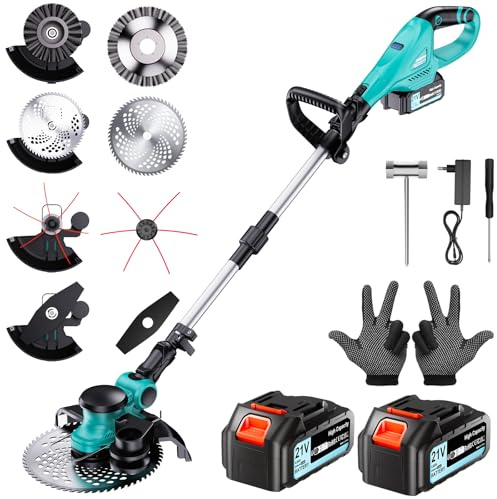 Rasentrimmer mit Akku,Elektro Rasentrimmer mit 2 X 4.0Ah Akkus und Ladegerätn,freischneider mit unkrautbürste,1000W Bürstenloser Motor,Elektro Trimmer Gartenkantenfräser für Garden und Rasen