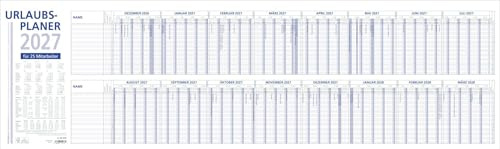 ZETTLER Urlaubsplaner 16 Mon 2027: Wandkalender 100x30 cm mit 16 Monaten auf 1 Seite (Dez. Vorjahr - März Folgejahr), für 25 Personen, Wochenzählung, gefalzt, Ferientermine, Sonn- & Feiertage